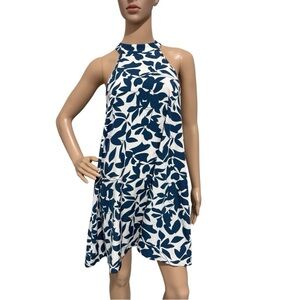 Women’s Blue White Leaf Print Halter A-Line Dress Size Small